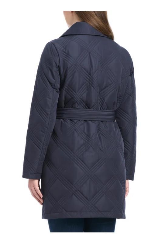 Jones New York Womens Jacket Navy Blue Quilt Hood Tie Belt Pockets Heavyweight Item image 5
