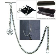 Albert Chain Silver Color Pocket Watch Chain for Men with STAR Fob T Bar AC52 - £14.15 GBP+