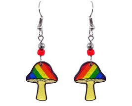 Rainbow Magic Mushroom Graphic Dangle Earrings - Womens Psychedelic Fashion Hand - £14.34 GBP