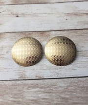 Vintage Clip On Earrings - Large Gold Tone Diamond Pattern Circle Statement - £11.00 GBP