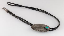 Sterling Silver Sunburst Bolo Tie with Turquoise Accent Braided Leather - $1,274.84 CAD