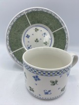 Sango Sabrina Flat Cup &amp; Saucer Set Blue &amp; Green Checkerd Band Floral - $9.89