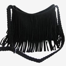 Women&#39;s Fringed Leather Shoulder Bag with Adjustable Knitting Strap Soft Ethnic  - £22.37 GBP