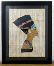 Vintage Framed Nefertiti Painting on Papyrus 20x16 - $98.01