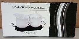 JJ) White Porcelain Sugar Creamer Bowl with Wood Base Server Coffee - €6,79 EUR