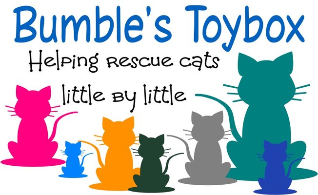 A welcome banner for Bumble's Toybox helping cats in rescues and shelters