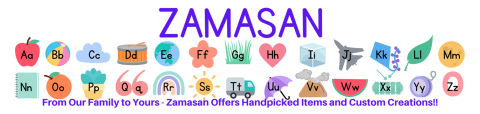 A welcome banner for Zamasan - We Offer Handpicked Items and Custom Creations!!