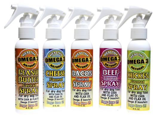 A welcome banner for Flavored Omega 3 Sprays and Dog Supplies