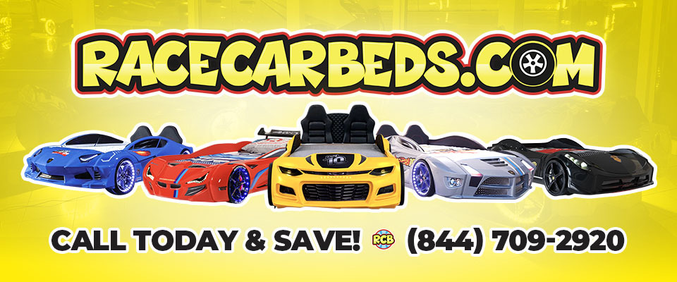 A welcome banner for RaceCarBeds.com's booth