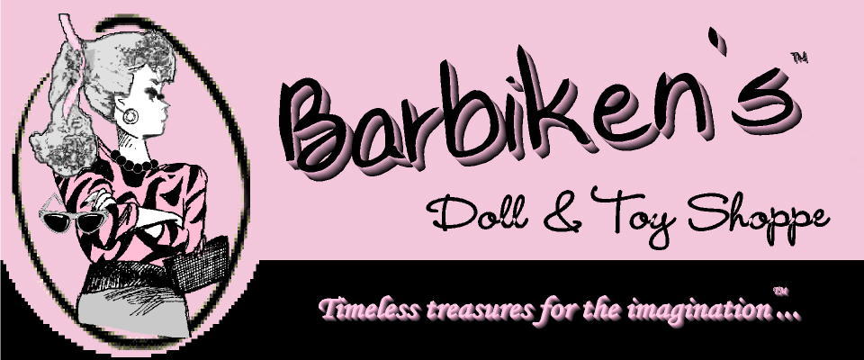 A welcome banner for Barbiken's Doll & Toy Shoppe