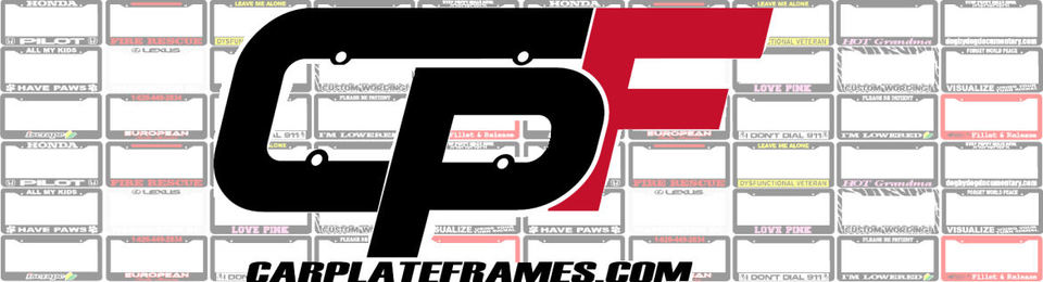 A welcome banner for CAR PLATE FRAMES