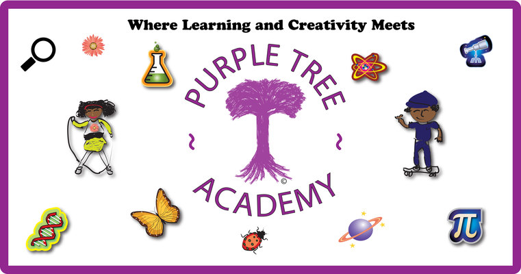 A welcome banner for Purple Tree Academy's booth