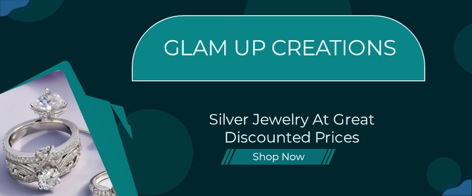 A welcome banner for Glam Up Creations, Genuine 925 Sterling Silver, with customer first policy.