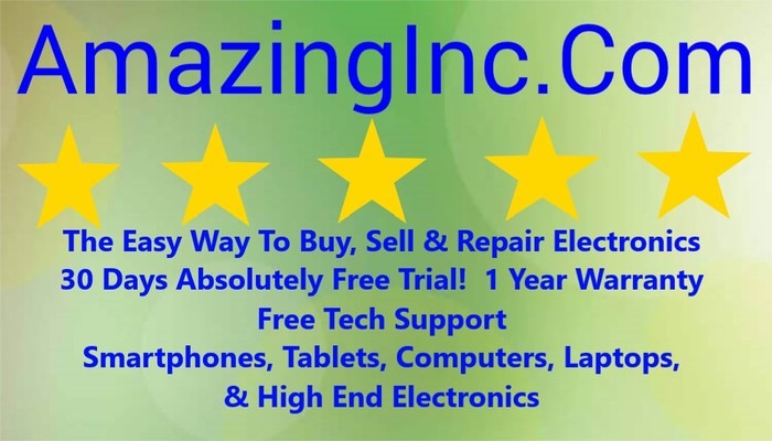 A welcome banner for Amazing Inc.  We Sell, Buy, and Repair all kind of electronics
