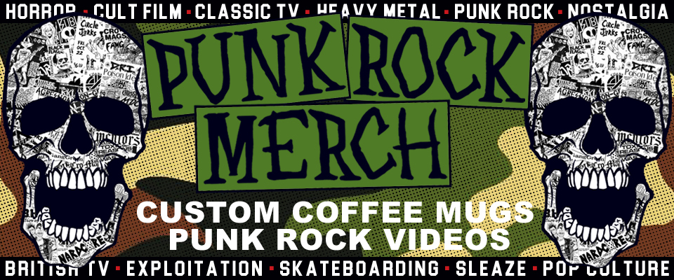 A welcome banner for PunkRockMerch Mugs, Videos and More Punk, Metal, Horror, TV, Cartoons