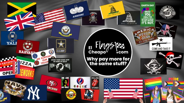A welcome banner for El Cheapo Flags - Why Pay More For The Same Stuff? A Million + Flags In Stock!