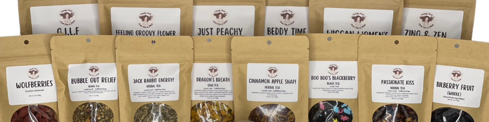 A welcome banner for Witchy Pooh's Exotic Teas & Herbs 
