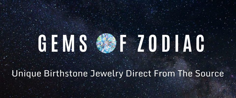 A welcome banner for Gems Of Zodiac's Booth - 10k/14k Gold Unique Birthstone Jewelry From The Source