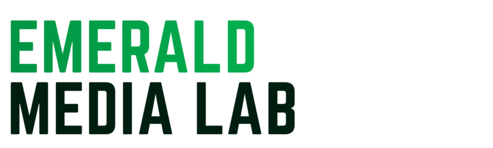 A welcome banner for Emerald Media Lab's Booth