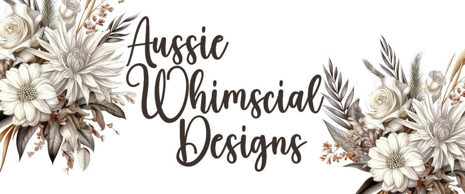 A welcome banner for Aussie Whimsical Designs booth