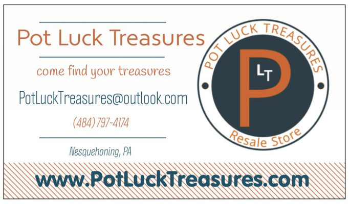 A welcome banner for PotLuckTreasures's booth