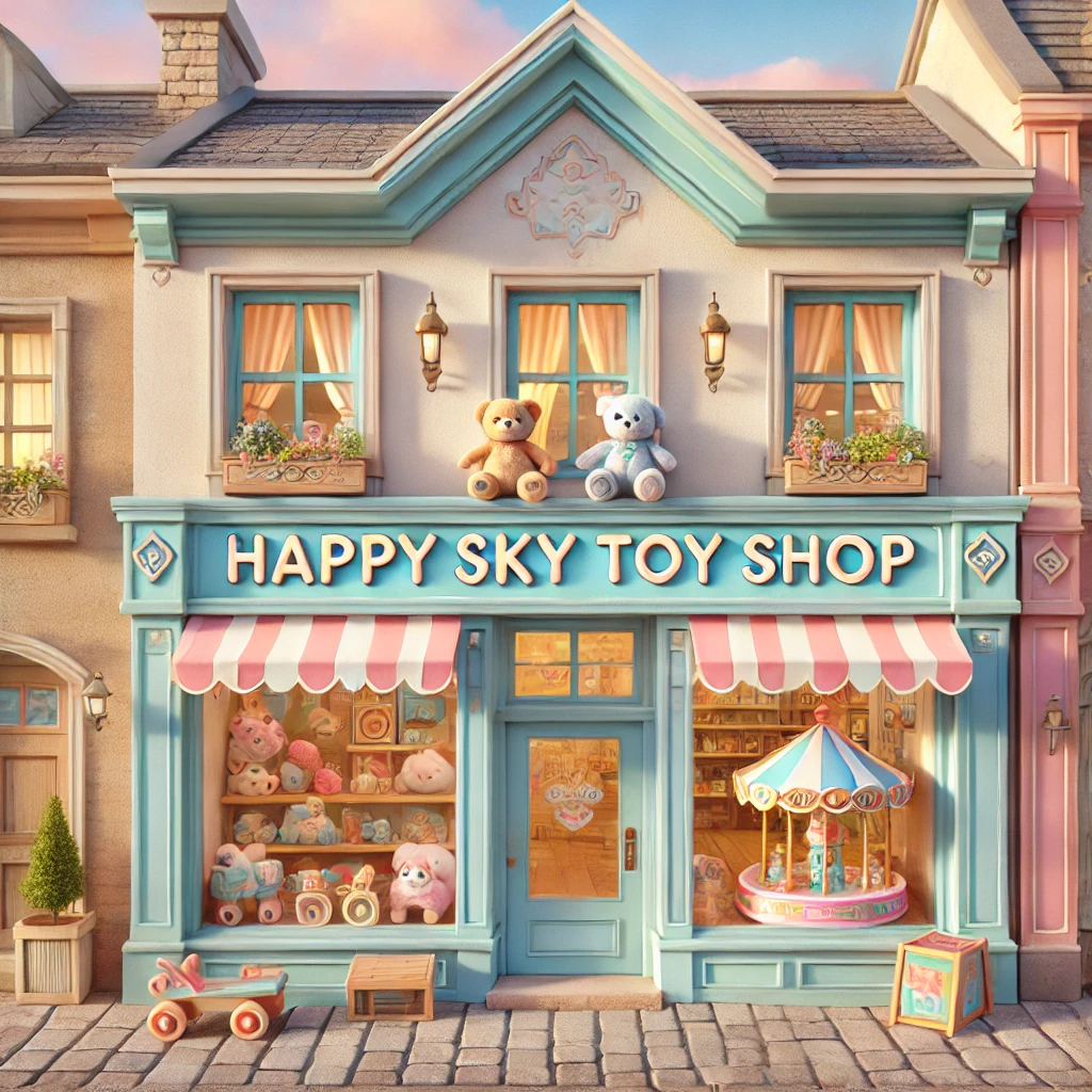 A welcome banner for Happy Sky Toy Shop