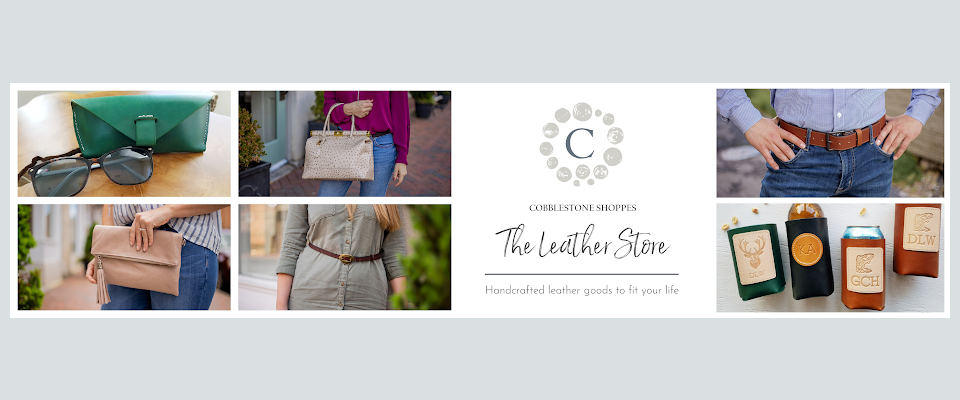 A welcome banner for Cobblestone Shoppes: The Leather Store