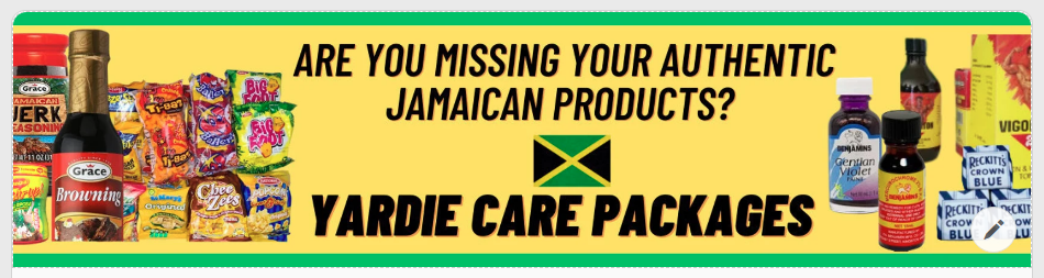 A welcome banner for YardieCarePackages's booth