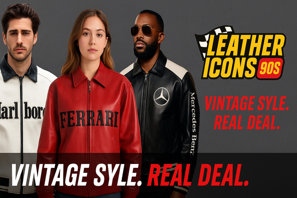 A welcome banner for Leather Icons 90s - Vintage Racing, Biker & Bomber Leather Jackets Mens & Womens