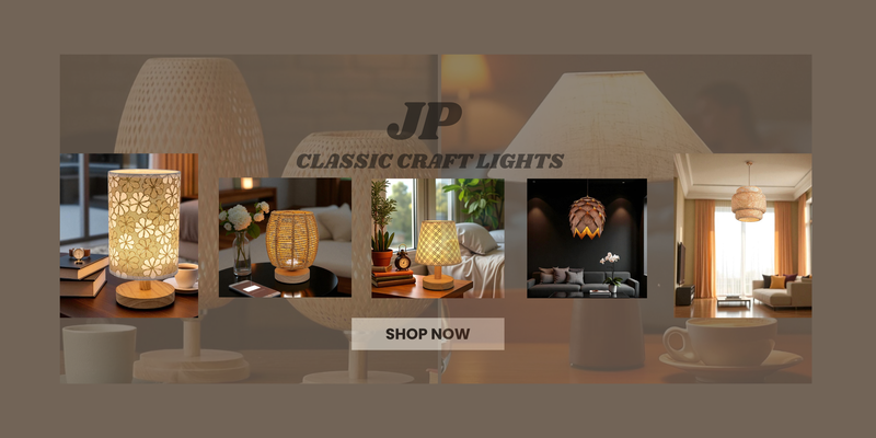 A welcome banner for JMClassicCraftLights – Handmade Rattan & Wooden Lamps for Cozy Living