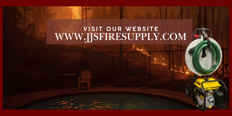 A welcome banner for JJS Fire Supply's Home Wildfire Protection Gas Fire Pump Cart and Hose Systems