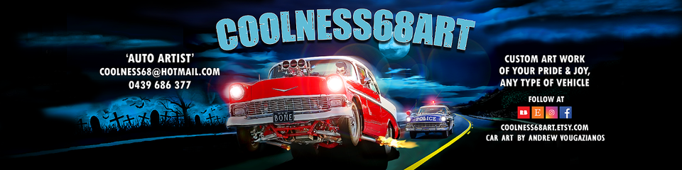 A welcome banner for Coolness68Art - Movie and Classic Car Original Art Work
