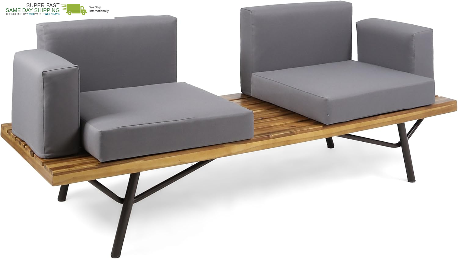 Home Baish Outdoor Acacia Wood 2 Seater Sofa, Teak Finish/Dark Gray