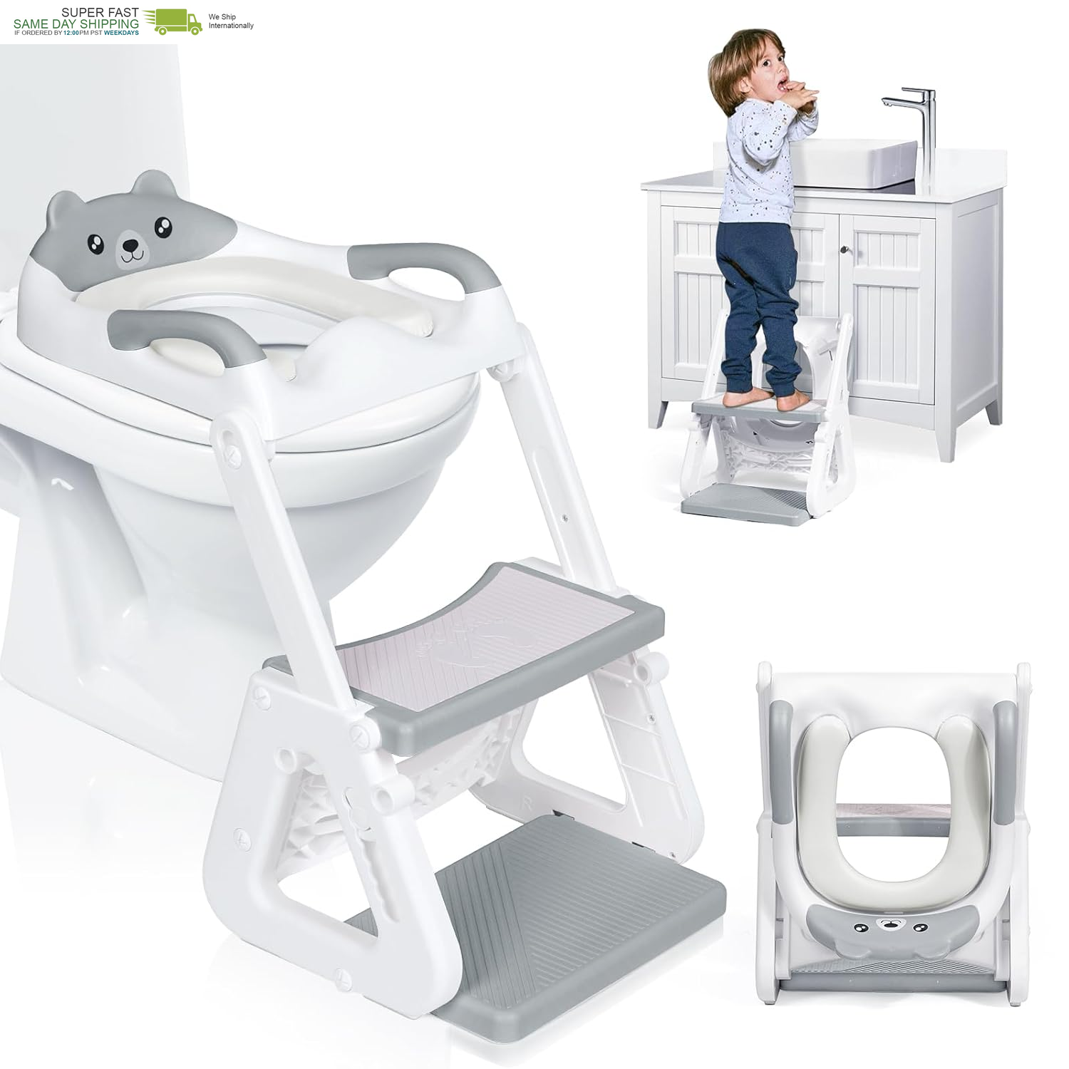 2-IN-1 Potty Training Toilet Seat with Step Stool for Toddler, Stability Training Potty Seat for Kids Boys Girls with Splash Guard and Anti-Slip Pad, Adjustable Ladder & Potty Seat Height, Grey